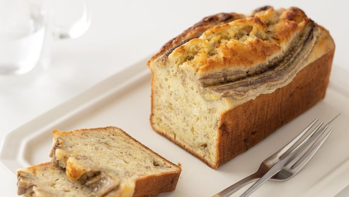 Classic Banana Bread loaf with sliced banana topping