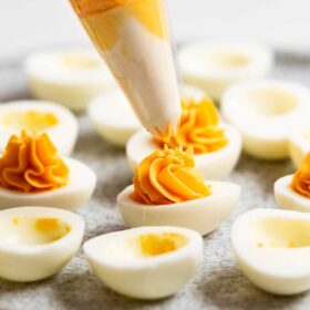 Close up of creamy deviled eggs filling