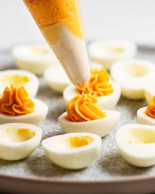Close up of creamy deviled eggs filling