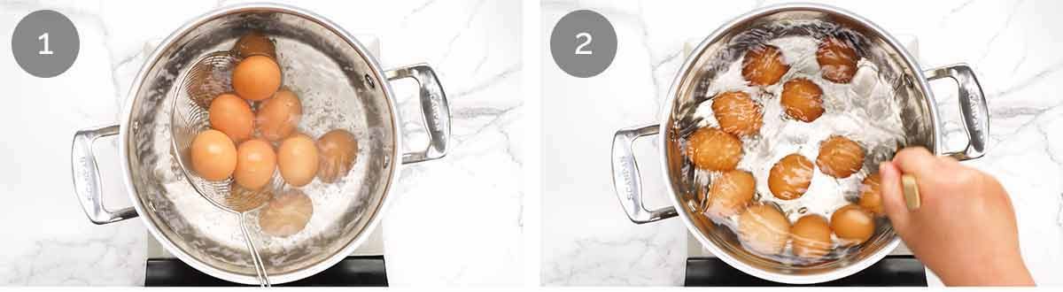 Lowering eggs into boiling water