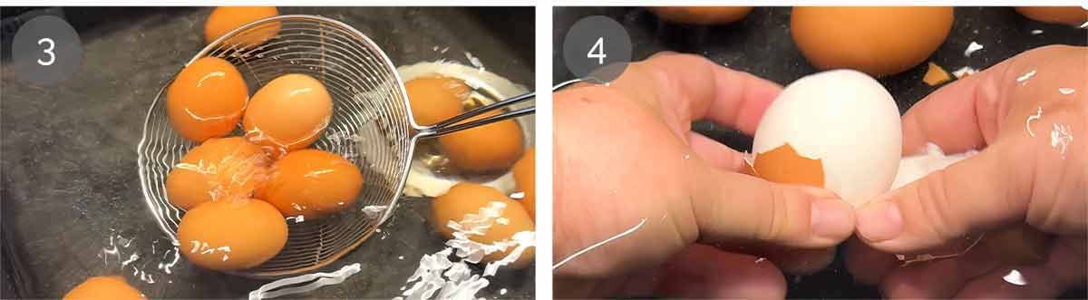 Peeling eggs in water bowl