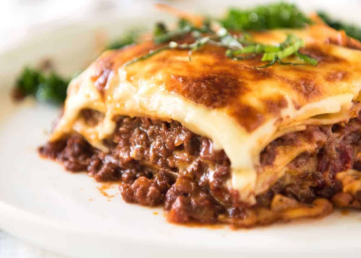 A perfect slice of lasagna showing layers