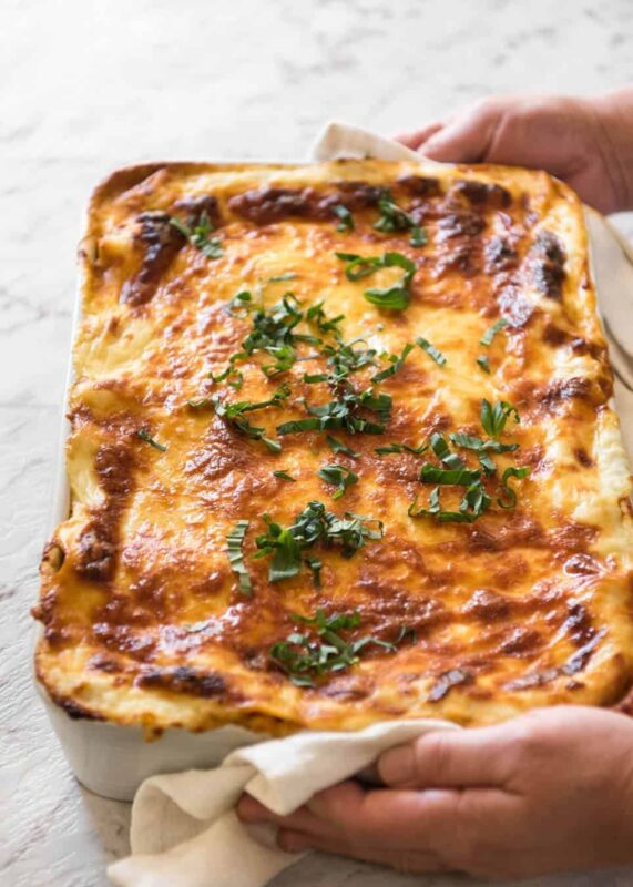 Ideally baked golden brown lasagna straight from oven