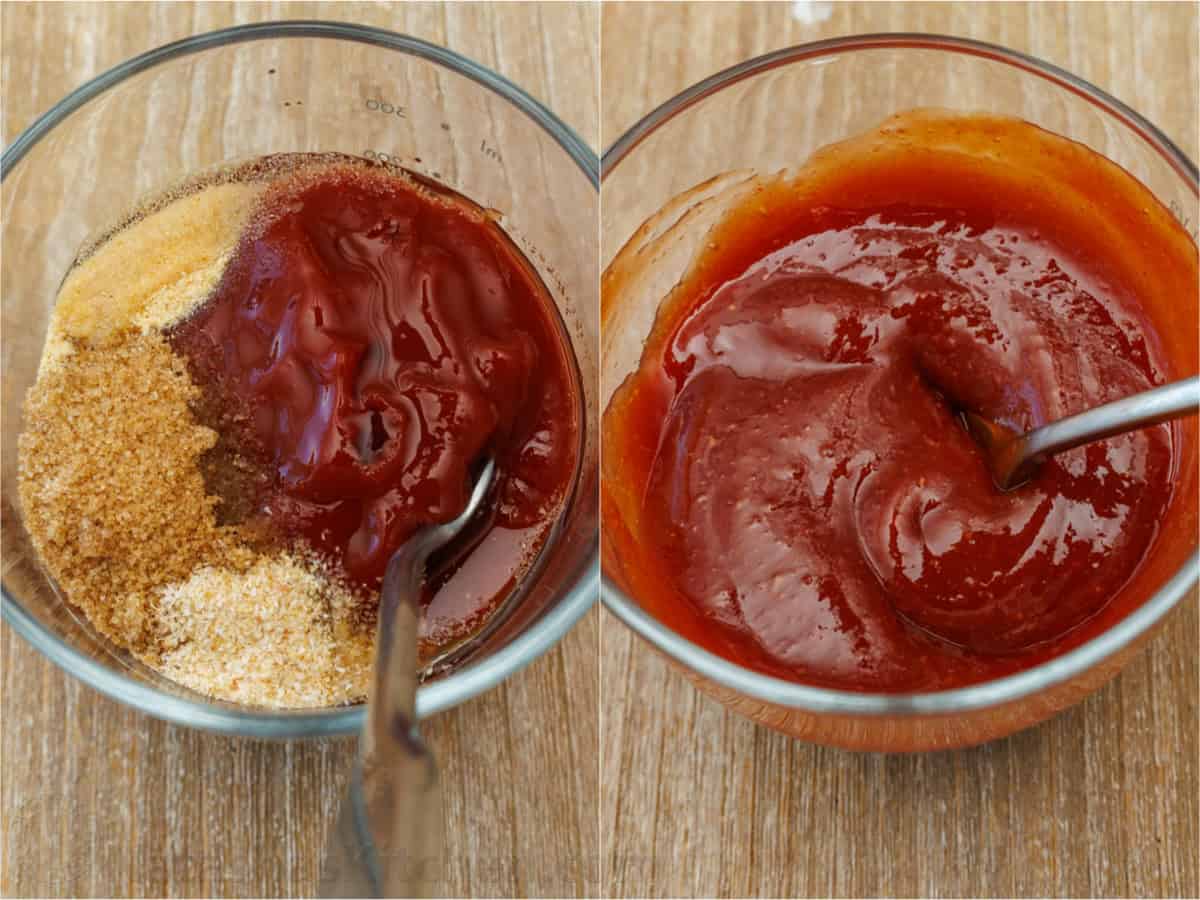 Step-by-step collage showing how to make the meatloaf glaze