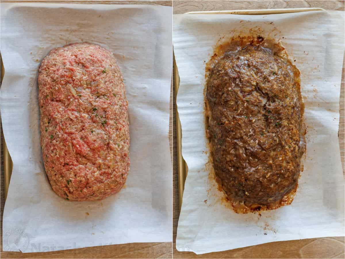 Meatloaf shaped on a baking sheet before and after the first bake