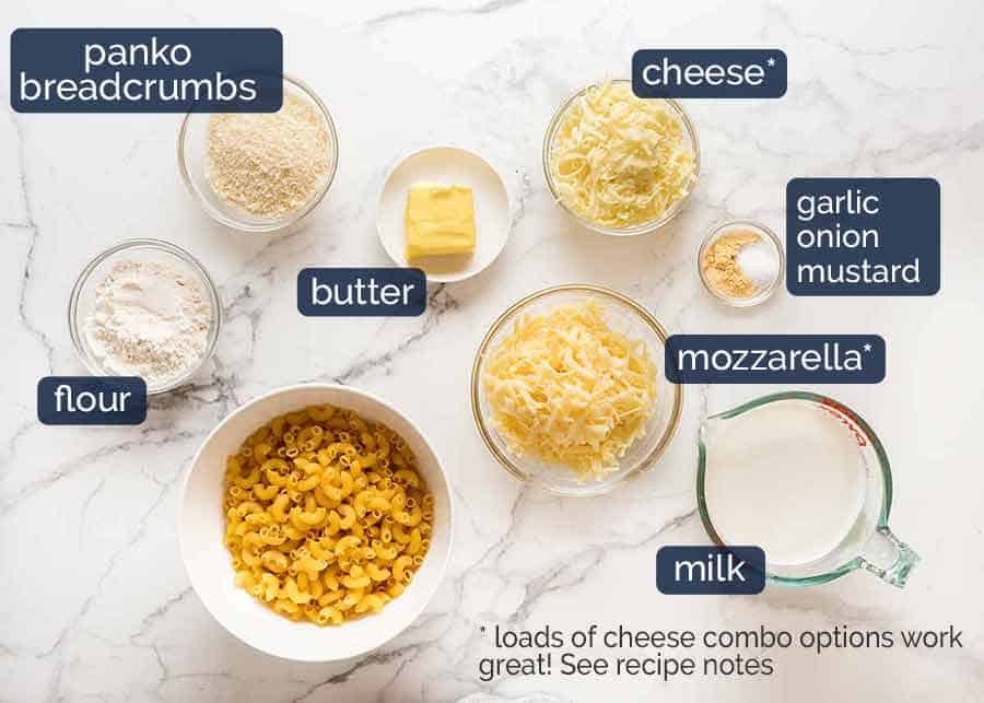 Ingredients for Baked Mac and Cheese laid out on a table