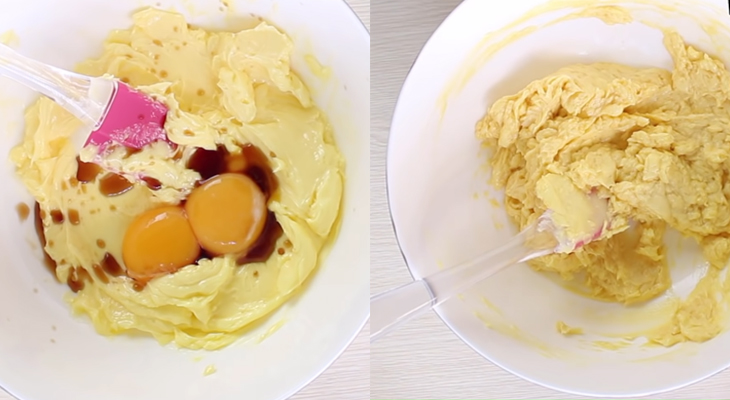 Creaming butter and sugar with egg yolks.