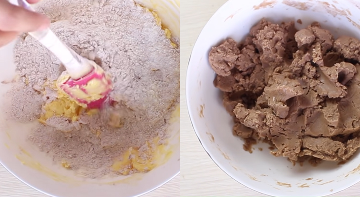 Combining wet and dry ingredients for cookie dough.