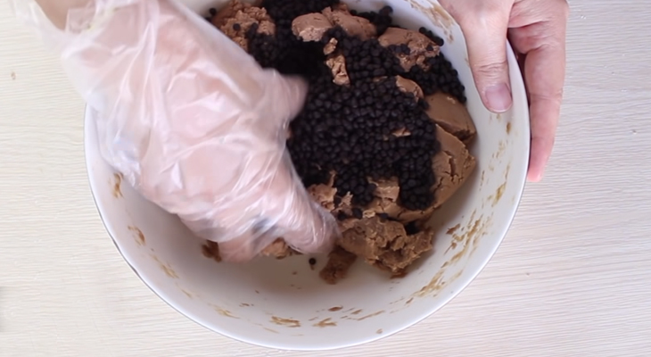 Folding chocolate chips into the finished cookie dough.